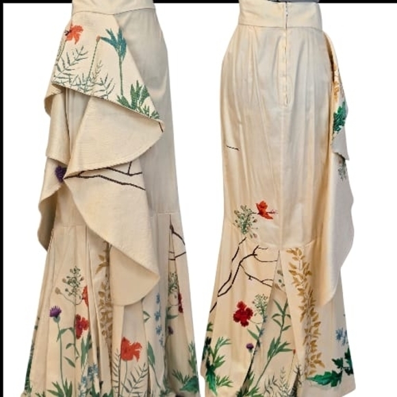 Johanna Ortiz Cream Floral Embroidered Botanical Maxi Skirt Art-inspired Luxury - Picture 6 of 17